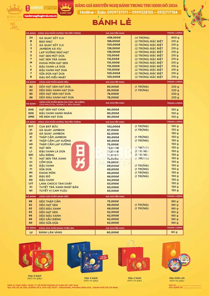BẢNG BÁO GIÁ BÁNH TRUNG THU HÃNG KINH ĐÔ NĂM 2026 CHÍNH THỨC